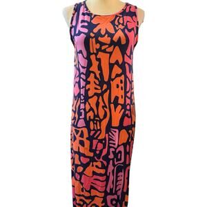 Tori Richard Honolulu Sleeveless Maxi Dress Abstract Tropical Pink Orange Navy M